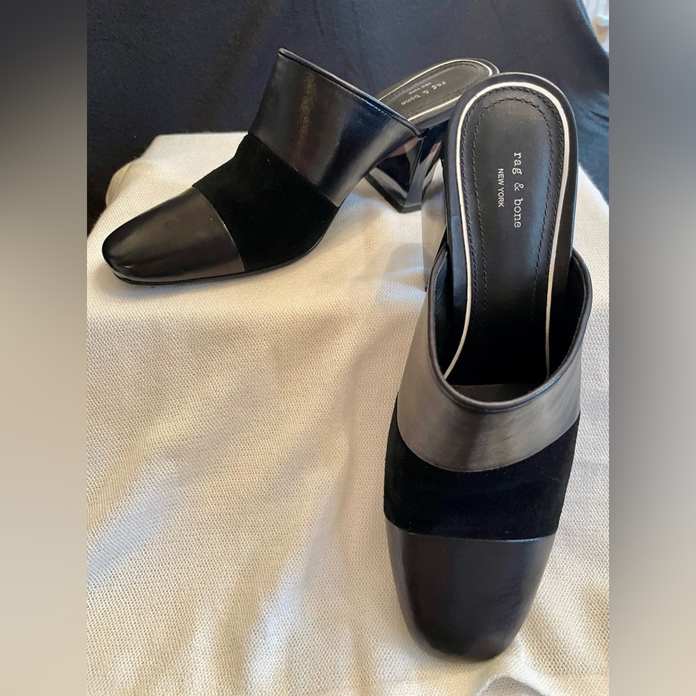 Rag and Bone black leather and suede mules